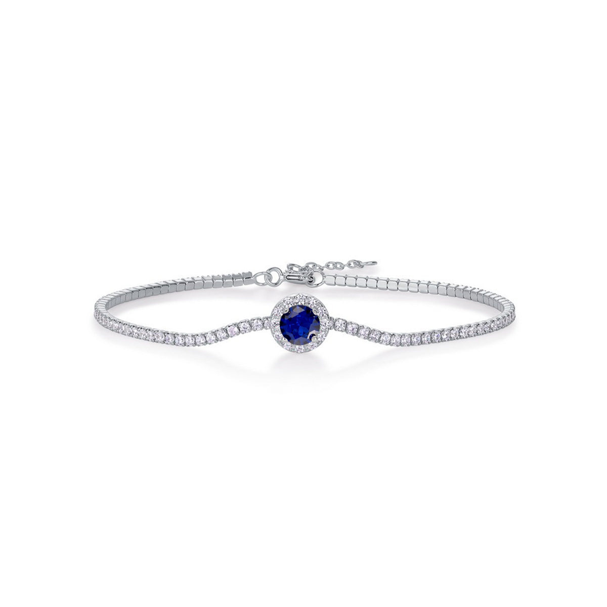 Round-Cut Lab-Created Blue Sapphire Halo Tennis Bracelet in 925 Sterling Silver