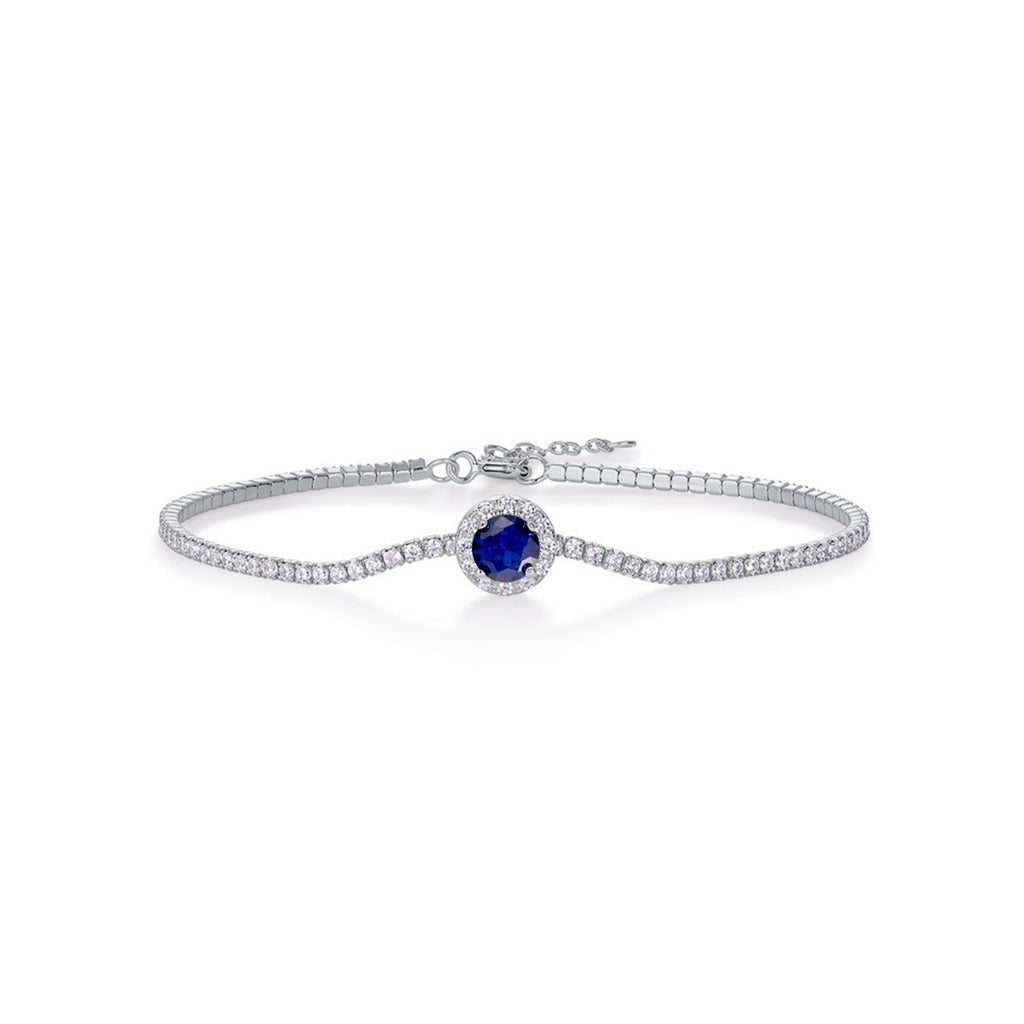 Round-Cut Lab-Created Blue Sapphire Halo Tennis Bracelet in 925 Sterling Silver