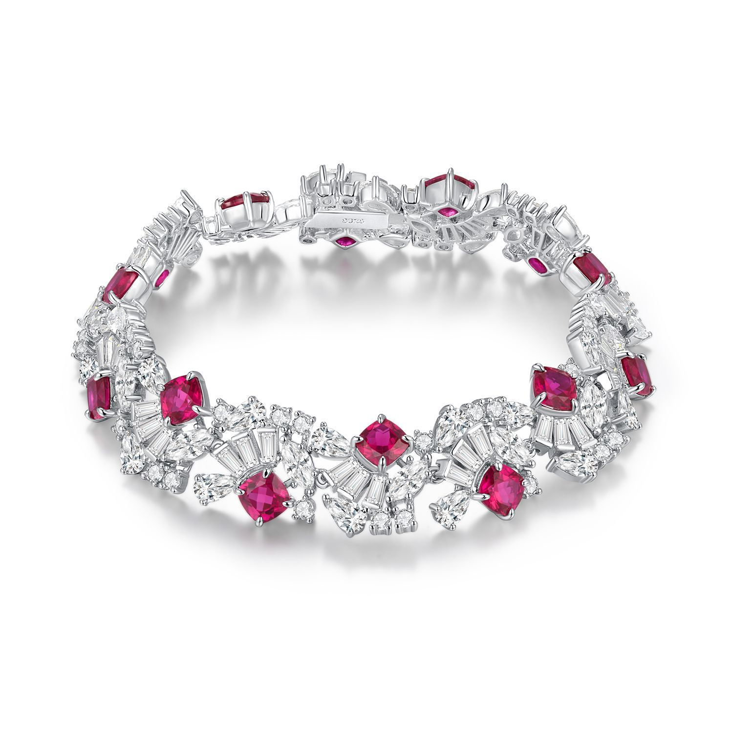 Lab Ruby Floral Cluster Statement Bracelet in 925 Sterling Silver