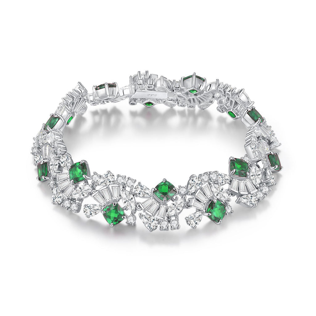 Cushion-Cut Lab Emerald Floral Cluster Tennis Bracelet in 925 Sterling Silver