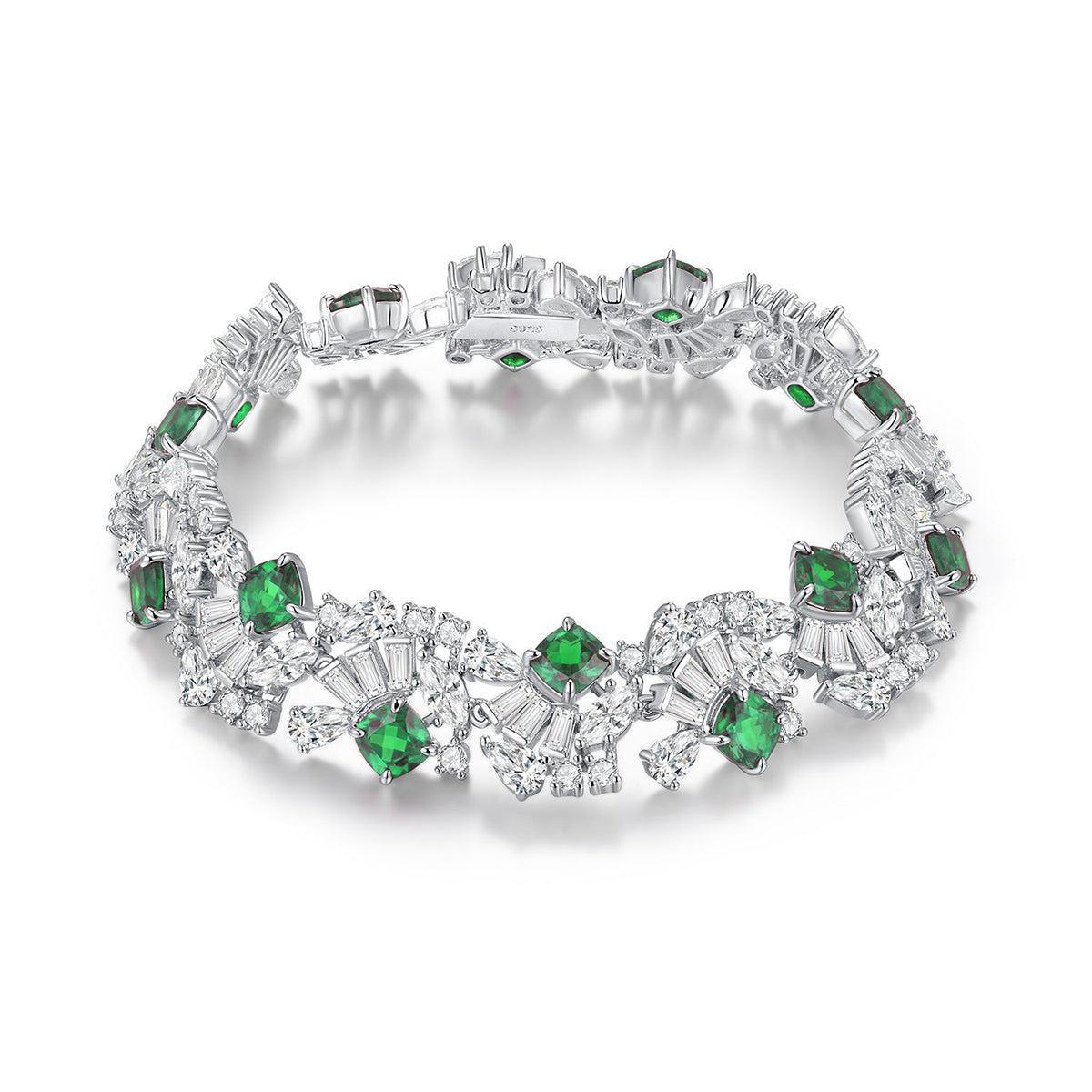 Cushion-Cut Lab Emerald Floral Cluster Tennis Bracelet in 925 Sterling Silver