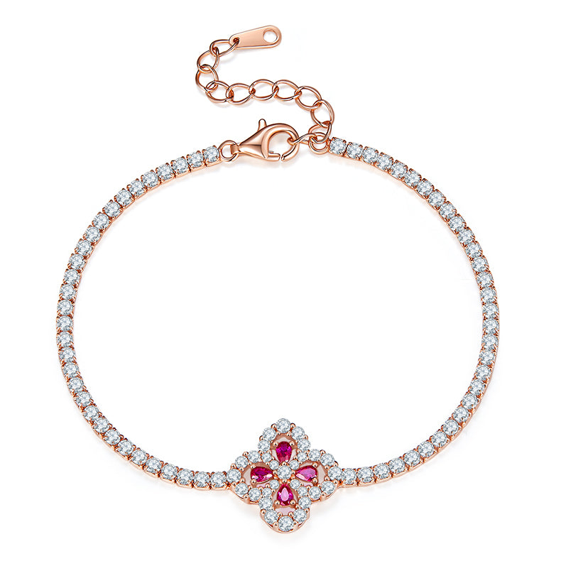 Lab Ruby Floral Cluster Tennis Bracelet in Rose Gold Plated Sterling Silver