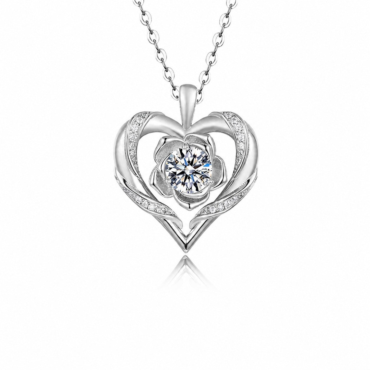 Heart Rose Flower Silver 925 Sterling Silver Moissanite Pendant Necklace