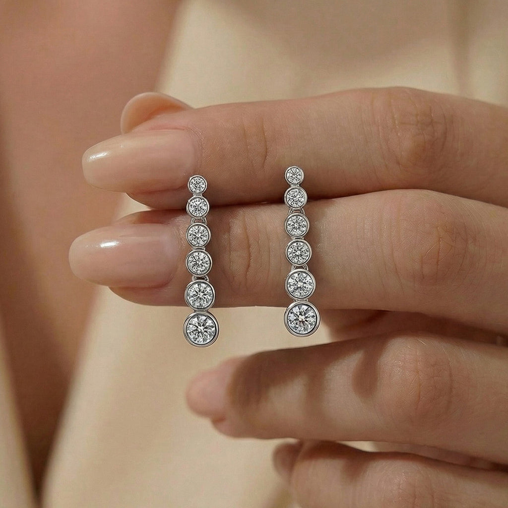 Moissanite Graduated Six Round Bezel Set Drop Earrings White Gold Tone 925 Sterling Silver Geometric Long Dangle Earrings For Women Elegant Fashion Party Wedding Gift Jewelry