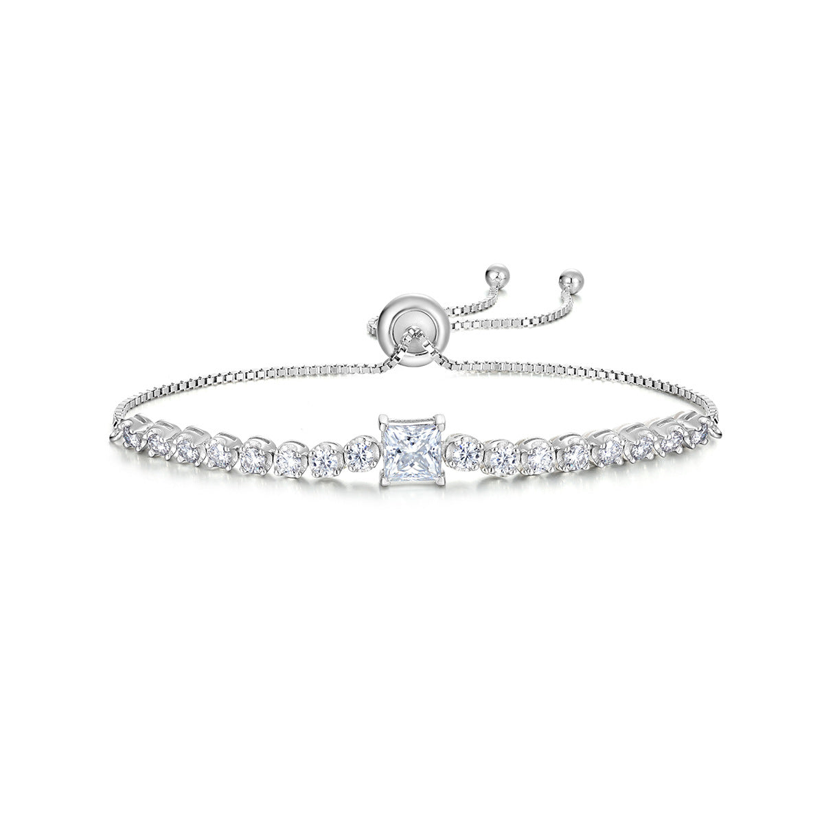 White Moissanite Geometric Princess Cut Square Center Stone Tennis Bracelet  925 Sterling Silver Adjustable Slider Chain Bracelet