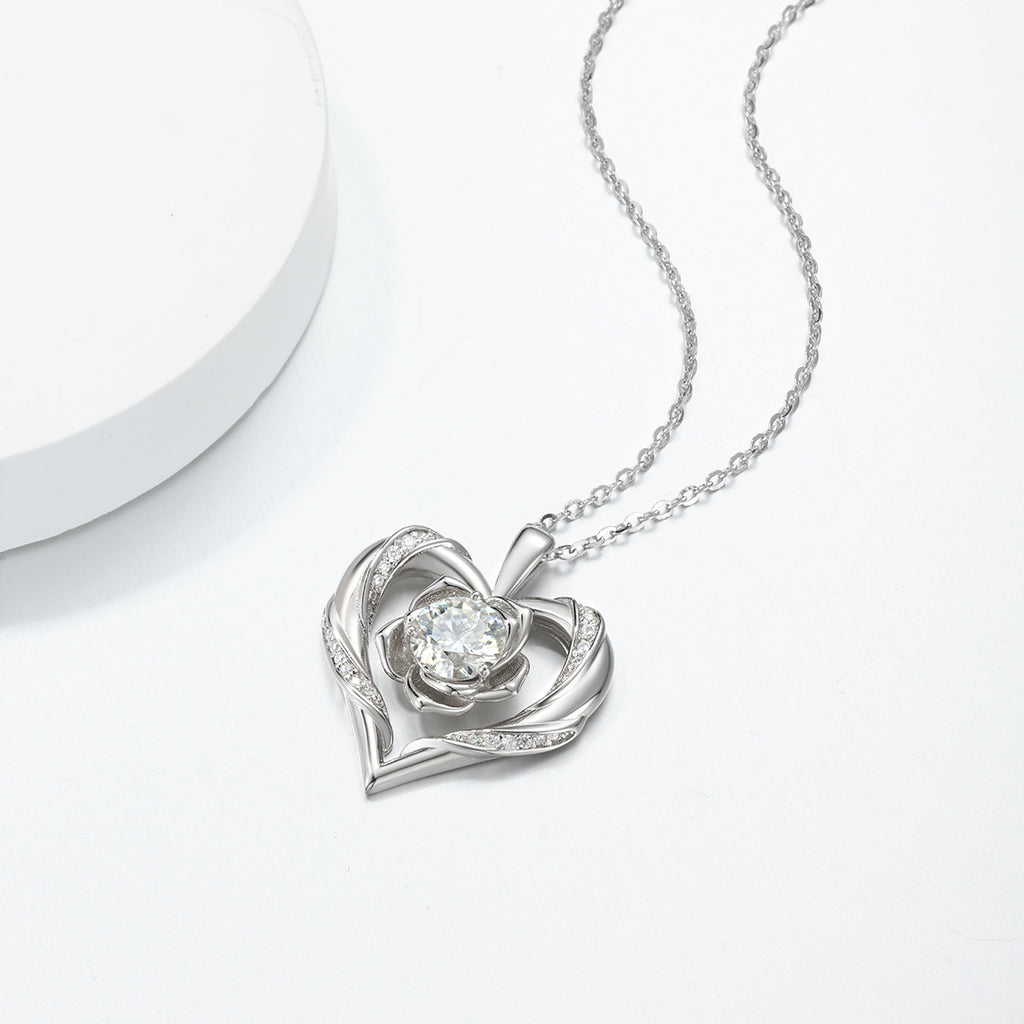 Heart Rose Flower Silver 925 Sterling Silver Moissanite Pendant Necklace