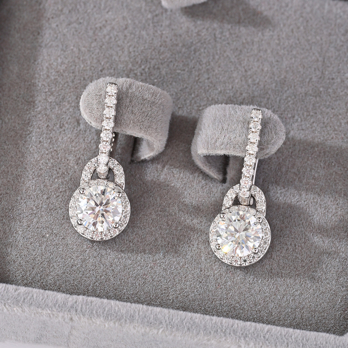 Moissanite Geometric Round Halo Drop Earrings  925 Sterling Silver Earring