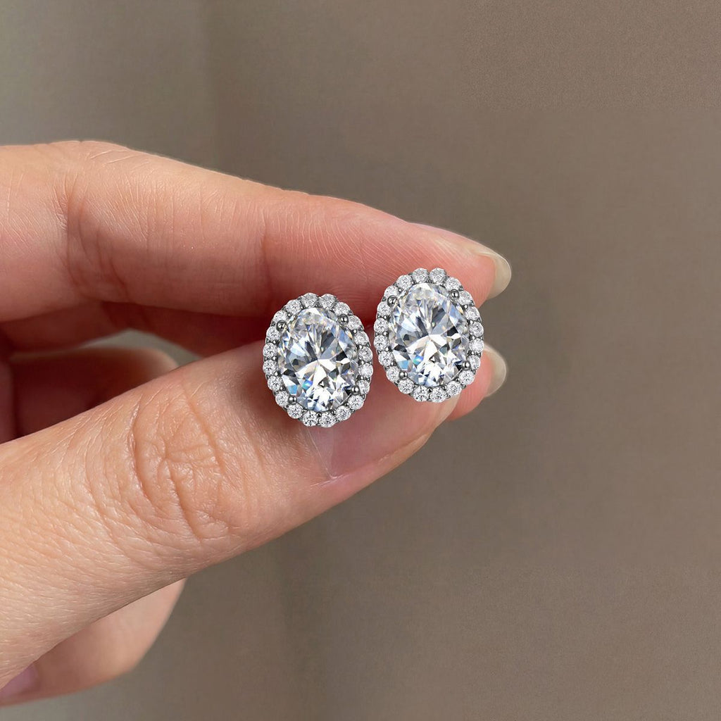 Oval Moissanite  D Color Halo 925 Sterling Silver Stud Earrings