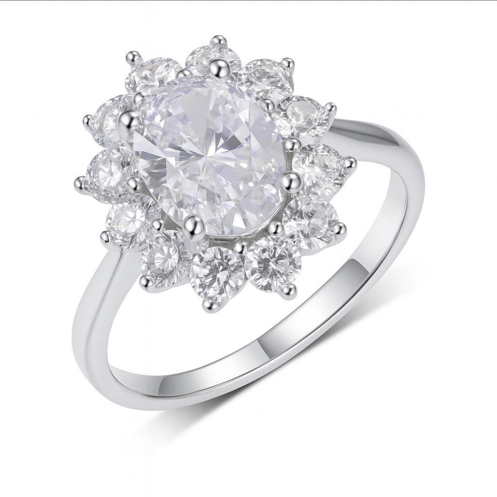 Oval Sunflower Halo Moissanite Ring 925 Sterling Silver Ring