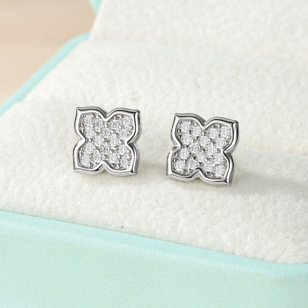 White Moissanite Clover Flower Stud Earrings In 925 Sterling Silver Stud Earrings