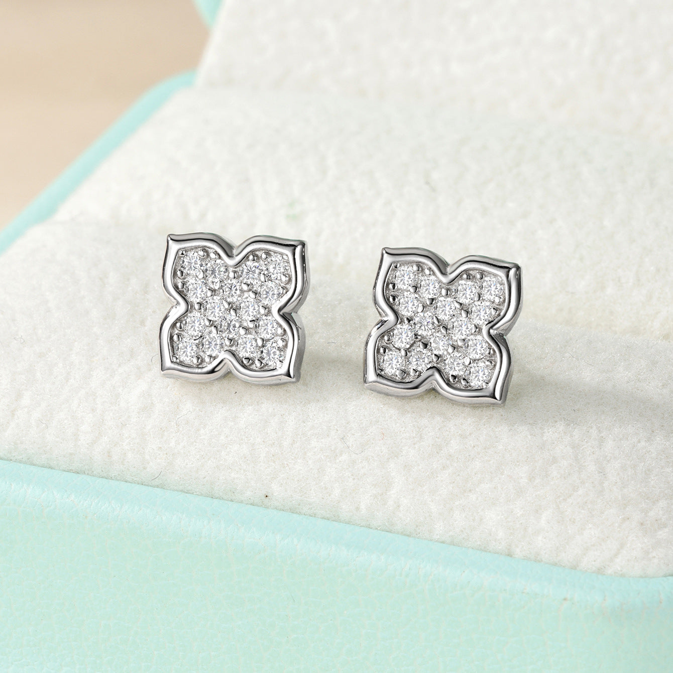 White Moissanite Clover Flower Stud Earrings In 925 Sterling Silver Stud Earrings