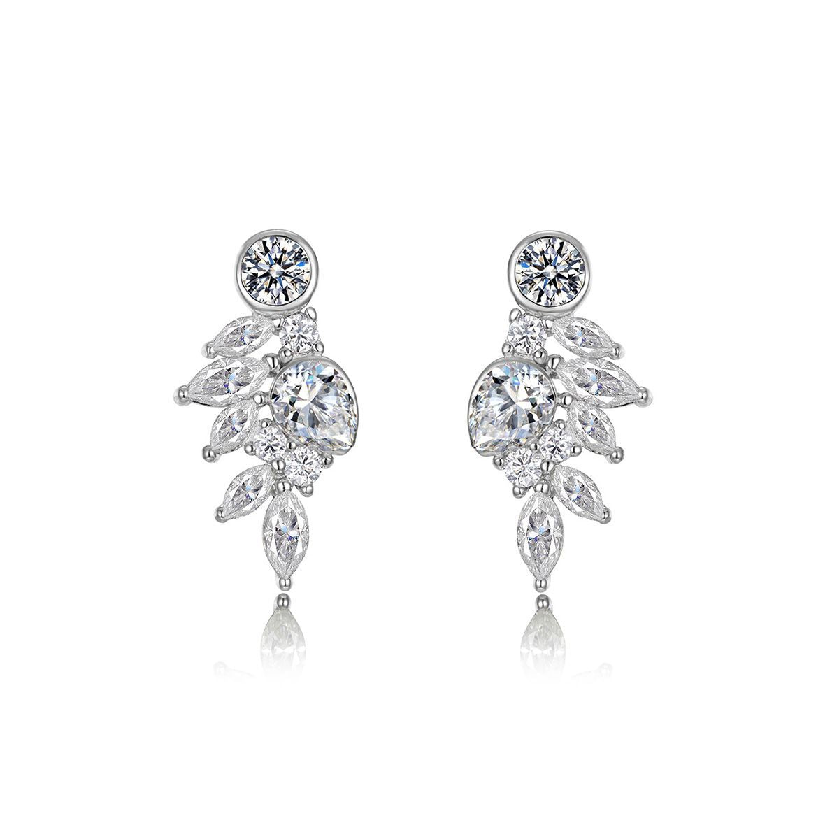 White Moissanite Leaf Cluster In 925 Sterling Silver  Stud Earrings