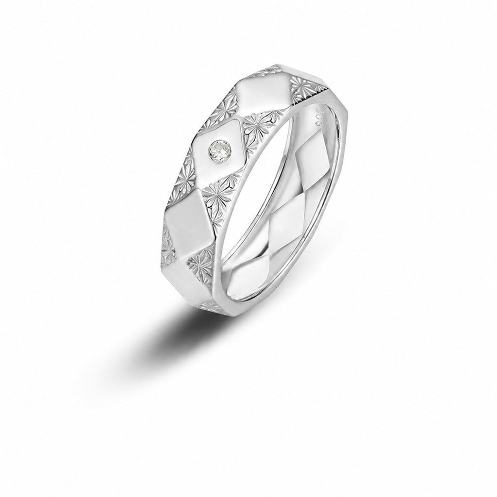 Geometric Faceted Band Moissanite Vintage 925 Sterling Silver Ring