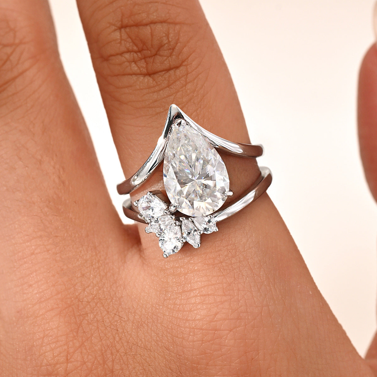 Pear Cut White Moissanite Two Piece Ring Set D Color 925 Sterling Silver Stacked Ring