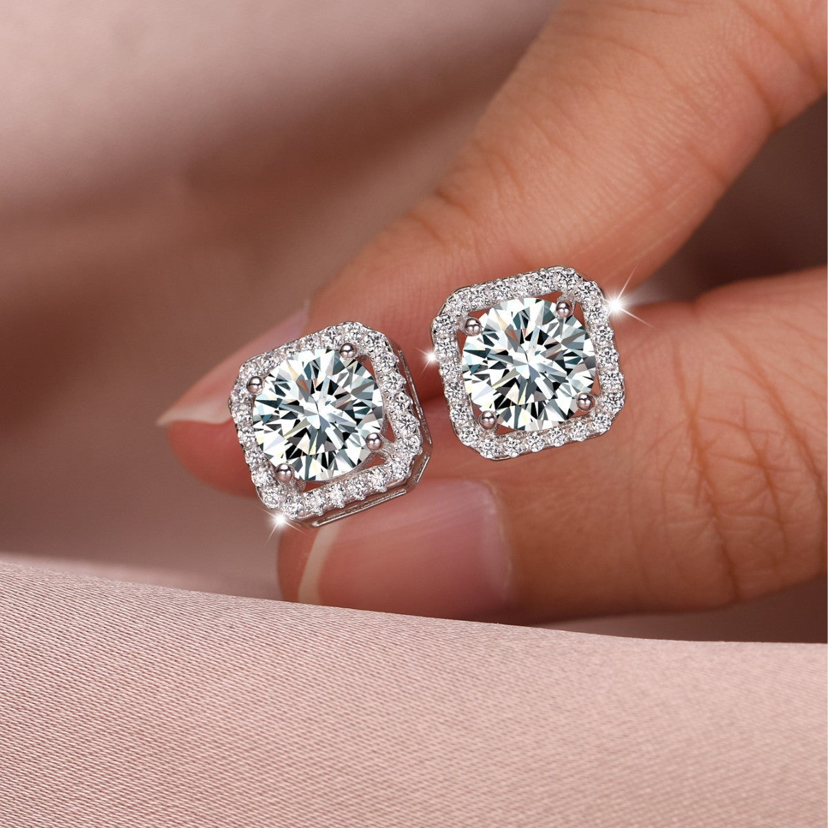 Square Halo Moissanite Stud Earrings  925 Sterling Silver Geometric Ear Stud Earrings