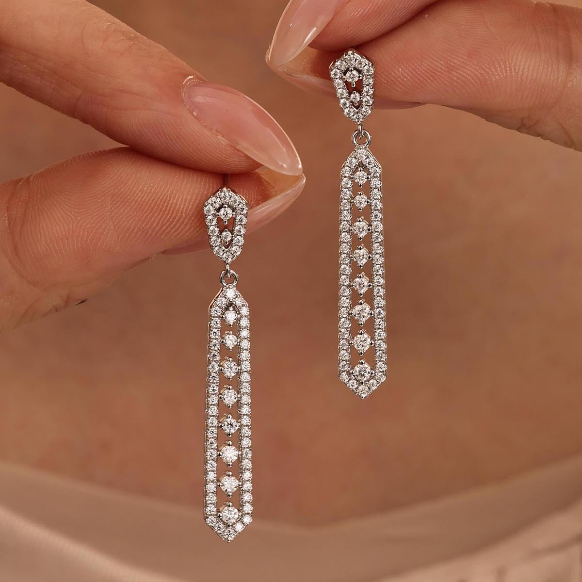 Geometric Long Bar Drop Earrings Moissanite 925 Sterling Silver White Gold Tone Dangle Earrings For Women Elegant Party Wedding Modern Fashion Fine Jewelry Gift 2026 New