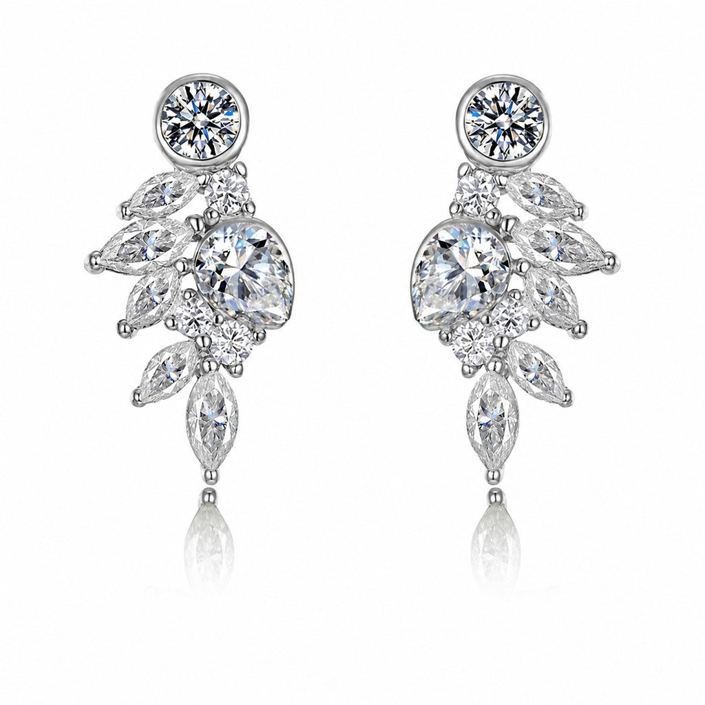 White Moissanite Leaf Cluster In 925 Sterling Silver  Stud Earrings