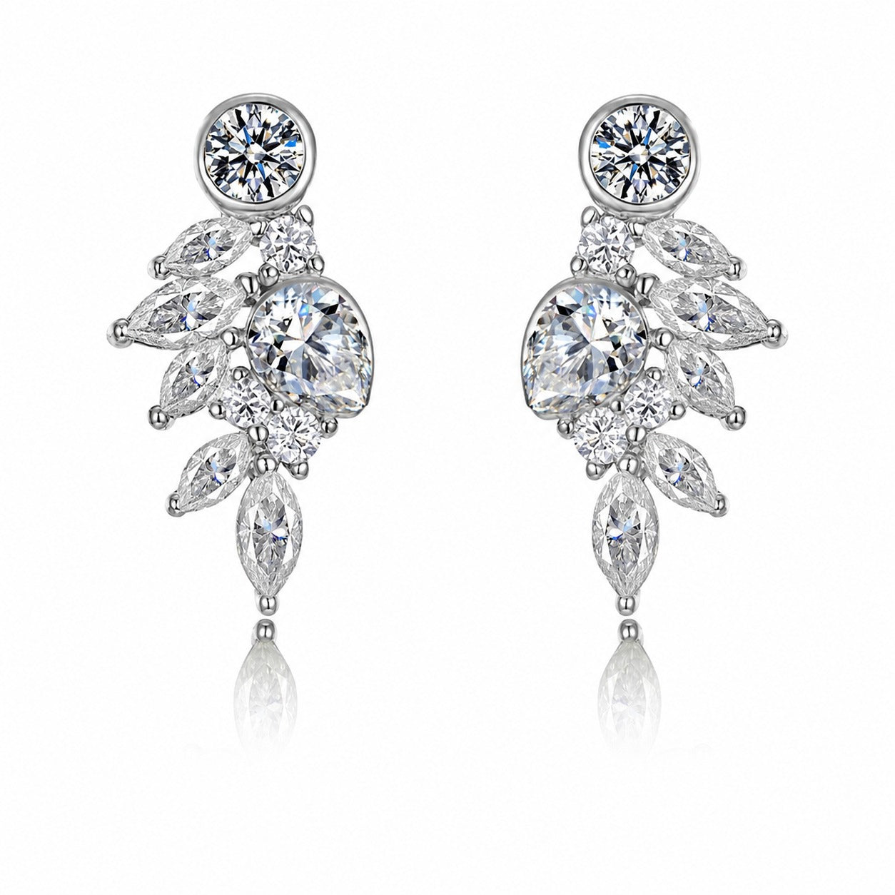 White Moissanite Leaf Cluster In 925 Sterling Silver  Stud Earrings
