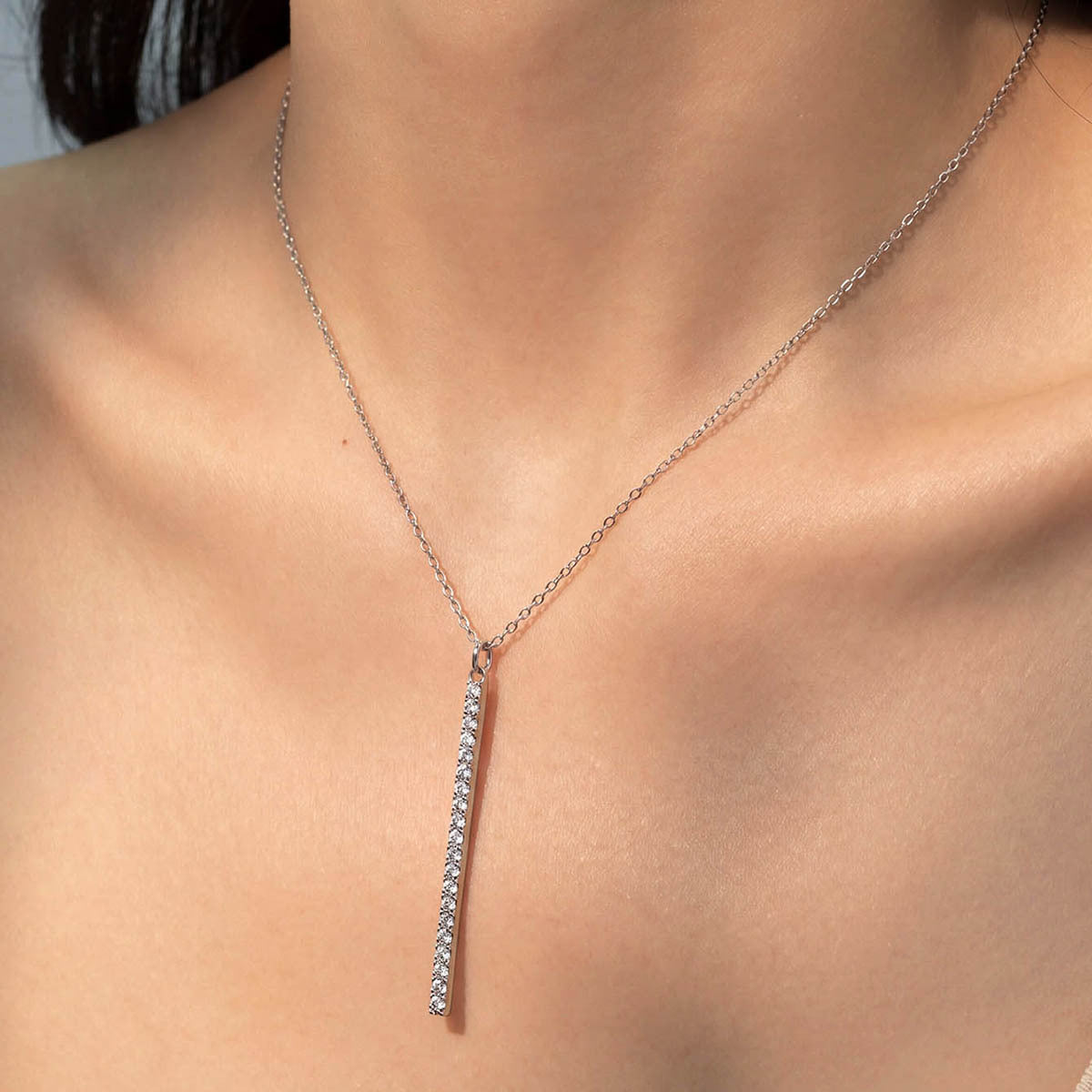 Moissanite Geometric Vertical Bar Pendant  In 925 Sterling Silver Necklace