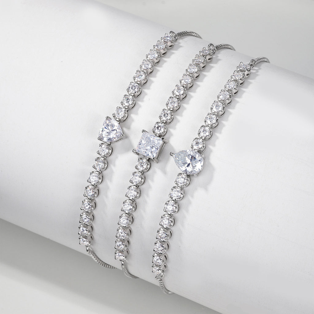 White Moissanite Geometric Princess Cut Square Center Stone Tennis Bracelet  925 Sterling Silver Adjustable Slider Chain Bracelet