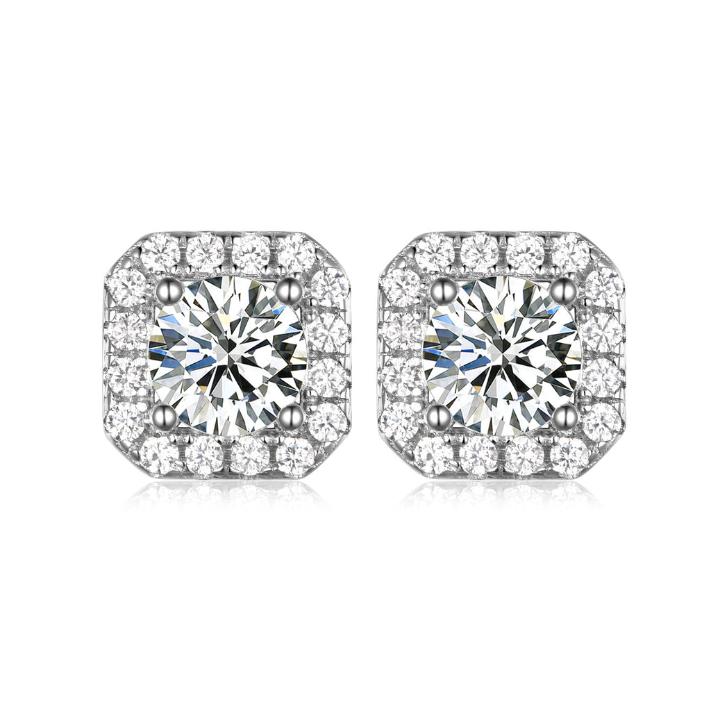 Square Halo Moissanite Stud Earrings  925 Sterling Silver Geometric Ear Stud Earrings