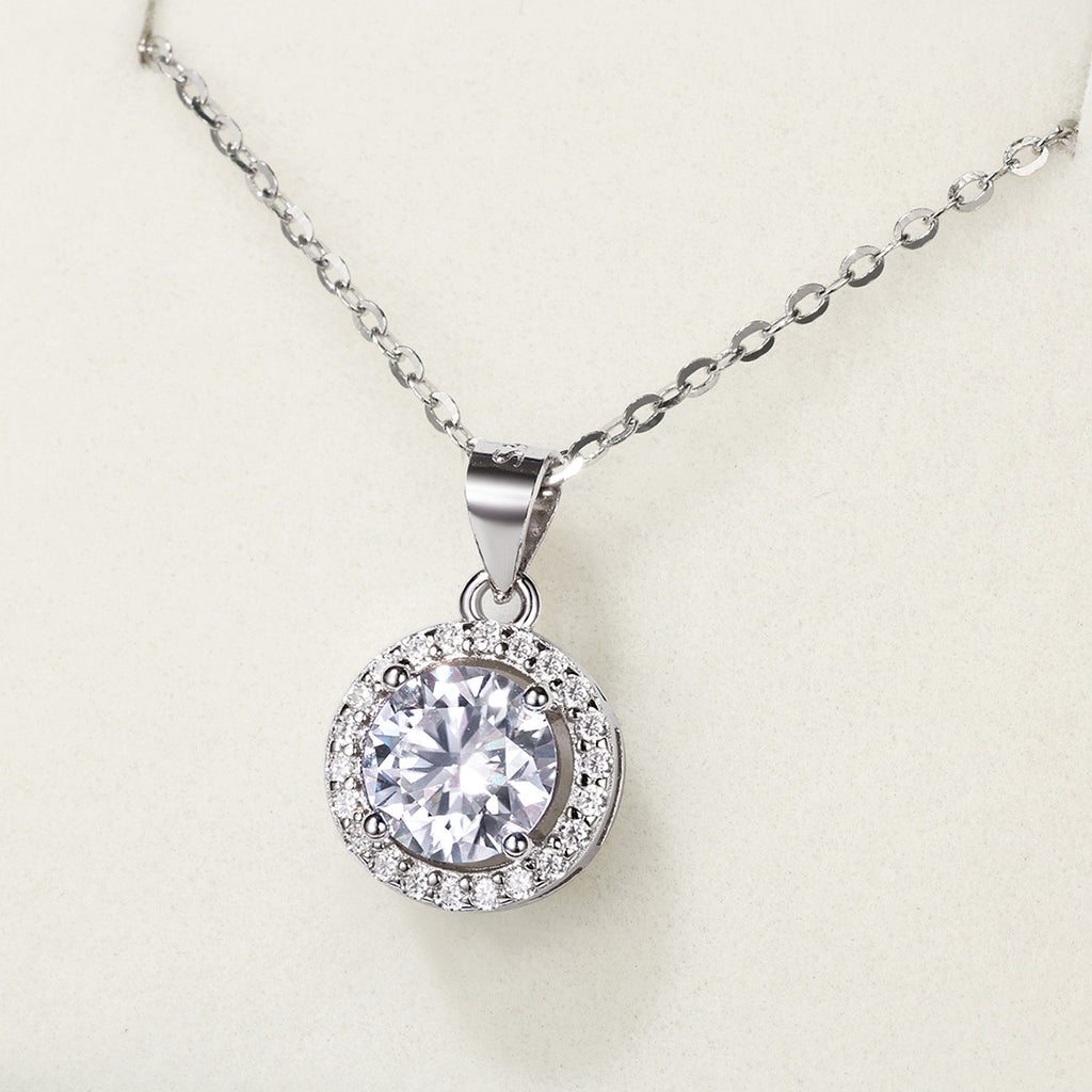 Round Halo White Moissanite 925 Sterling Silver Pendant Necklace
