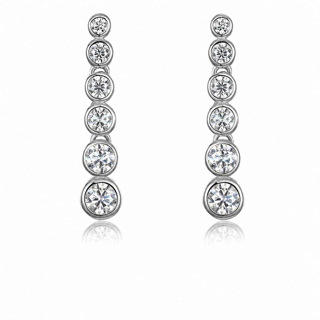 Moissanite Graduated Six Round Bezel Set Drop Earrings White Gold Tone 925 Sterling Silver Geometric Long Dangle Earrings For Women Elegant Fashion Party Wedding Gift Jewelry