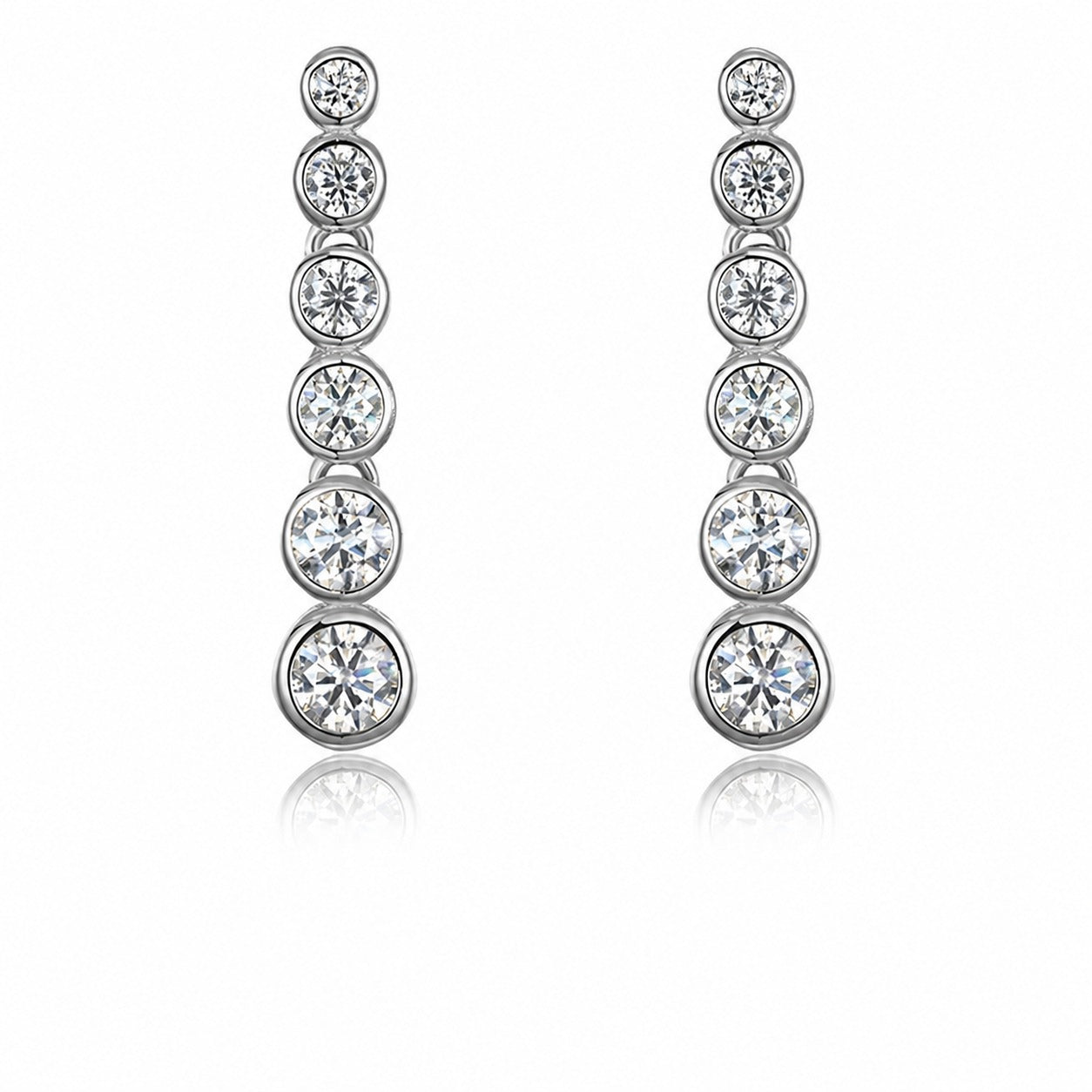 Moissanite Graduated Six Round Bezel Set Drop Earrings White Gold Tone 925 Sterling Silver Geometric Long Dangle Earrings For Women Elegant Fashion Party Wedding Gift Jewelry