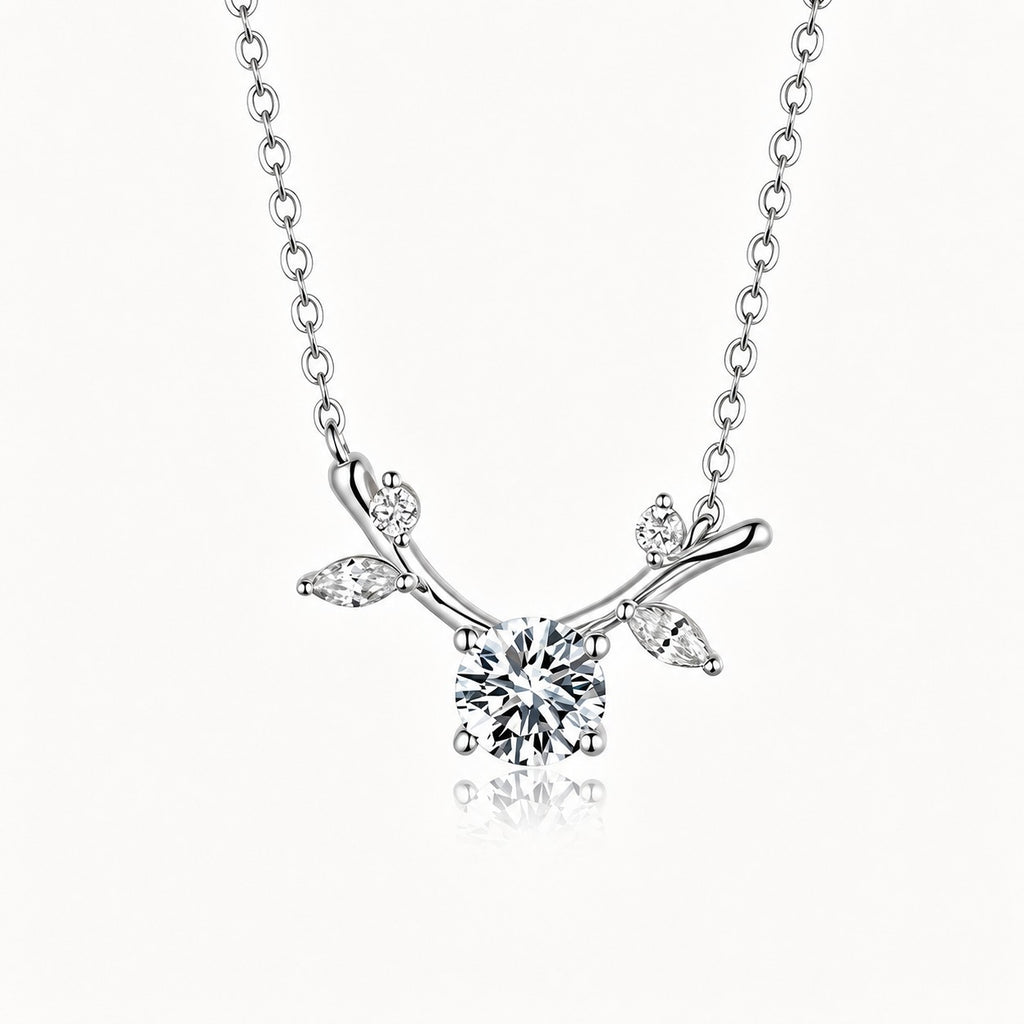 Moissanite Antler Branch Leaf Pendant 925 Sterling Silver Necklace