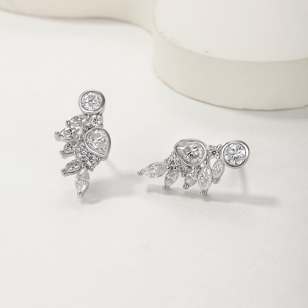 White Moissanite Leaf Cluster In 925 Sterling Silver  Stud Earrings