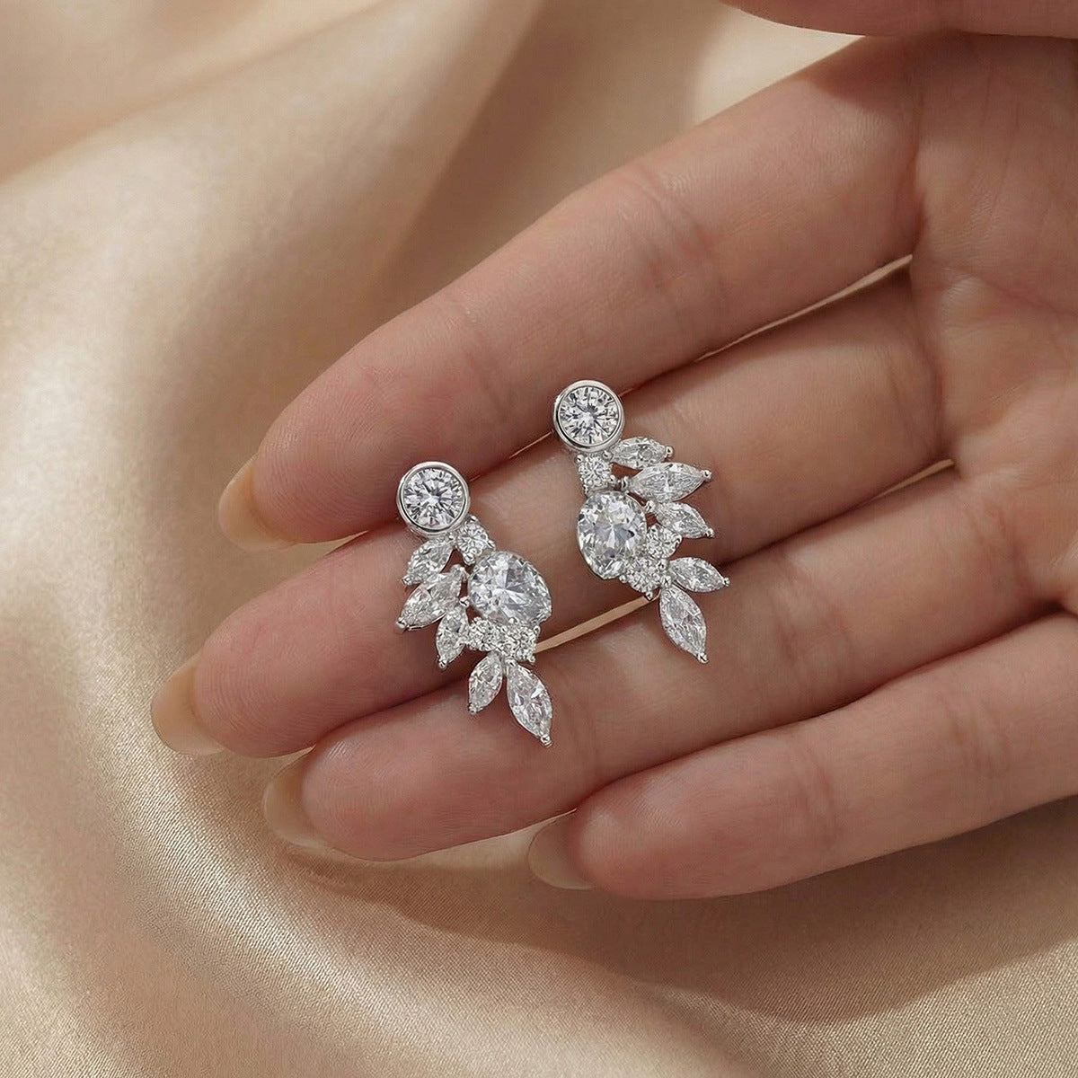 White Moissanite Leaf Cluster In 925 Sterling Silver  Stud Earrings