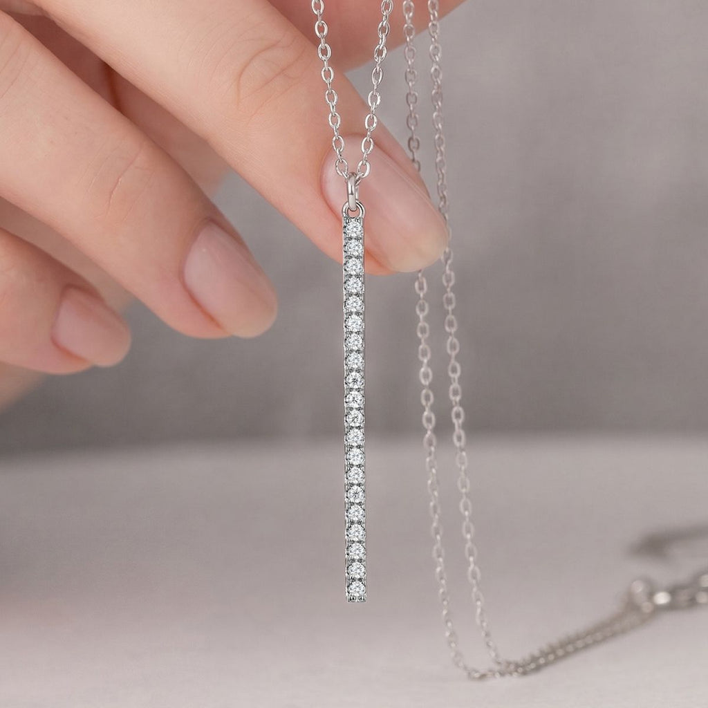 Moissanite Geometric Vertical Bar Pendant  In 925 Sterling Silver Necklace