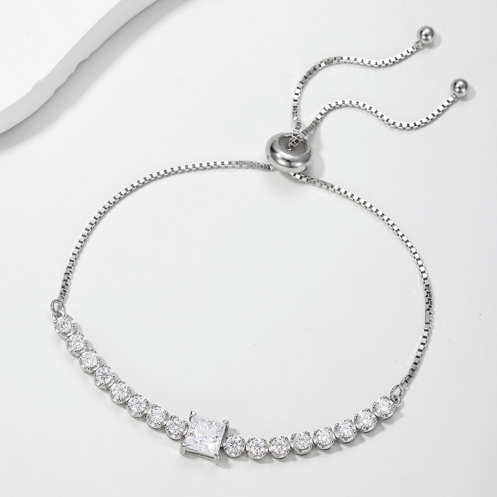 White Moissanite Geometric Princess Cut Square Center Stone Tennis Bracelet  925 Sterling Silver Adjustable Slider Chain Bracelet