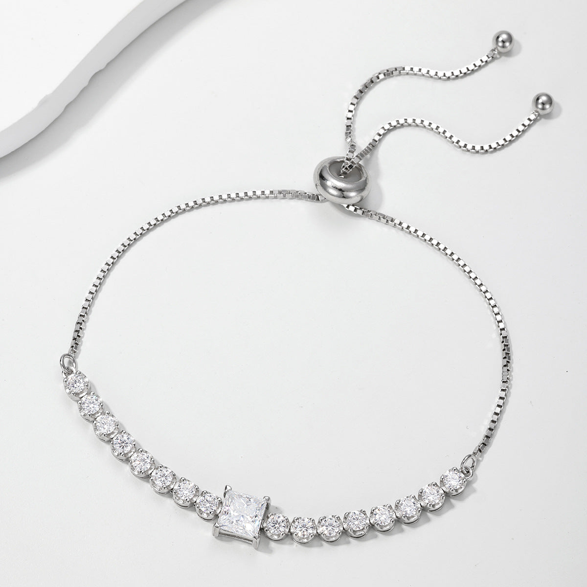 White Moissanite Geometric Princess Cut Square Center Stone Tennis Bracelet  925 Sterling Silver Adjustable Slider Chain Bracelet