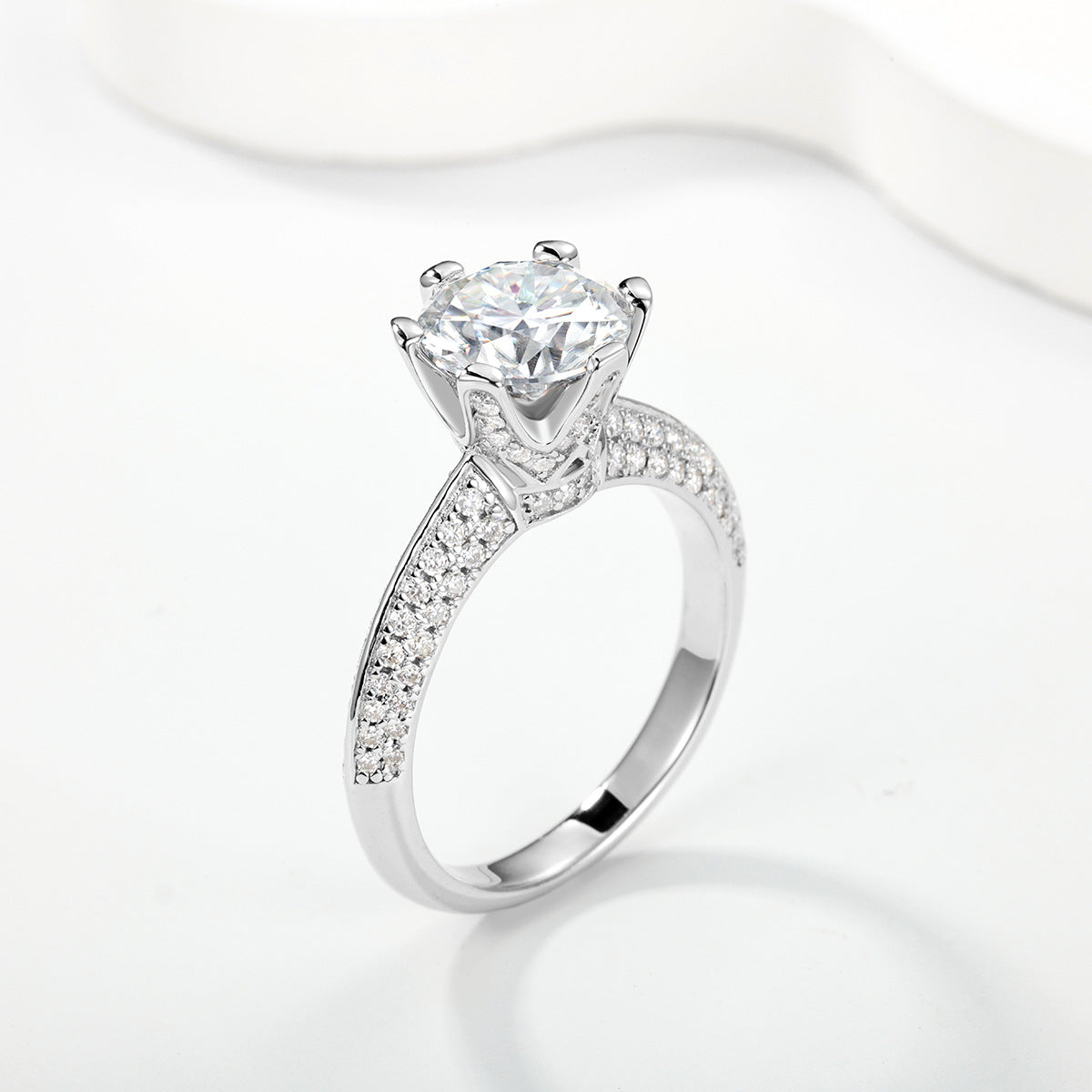 Round Brilliant Moissanite Pave Band 925 Sterling Silver Ring