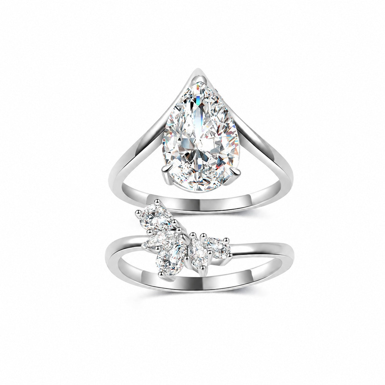 Pear Cut White Moissanite Two Piece Ring Set D Color 925 Sterling Silver Stacked Ring