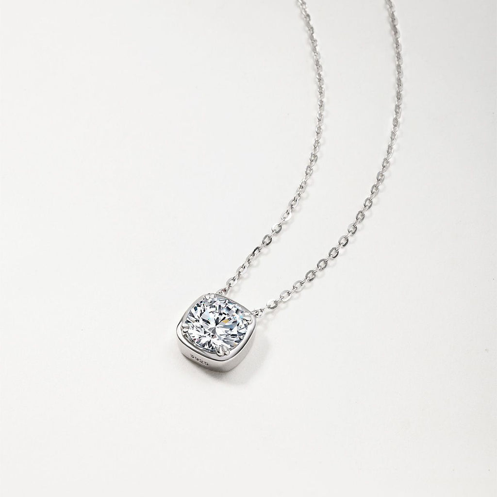 Modern Minimalist Rounded Square Moissanite Silver Tone 925 Sterling Silver Necklace