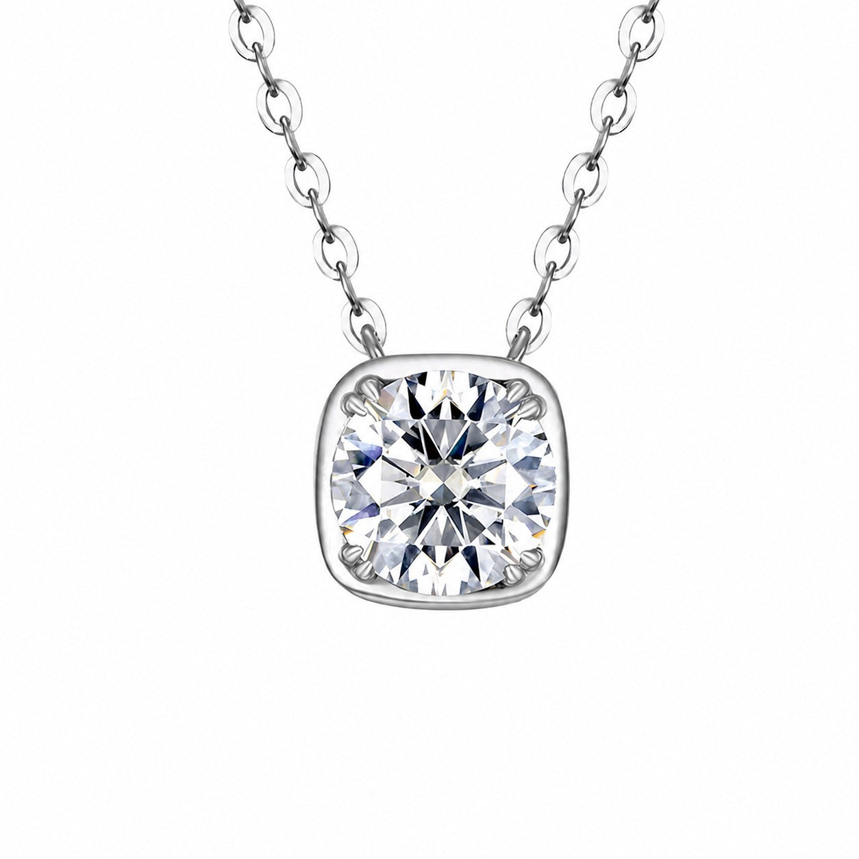 Modern Minimalist Rounded Square Moissanite Silver Tone 925 Sterling Silver Necklace