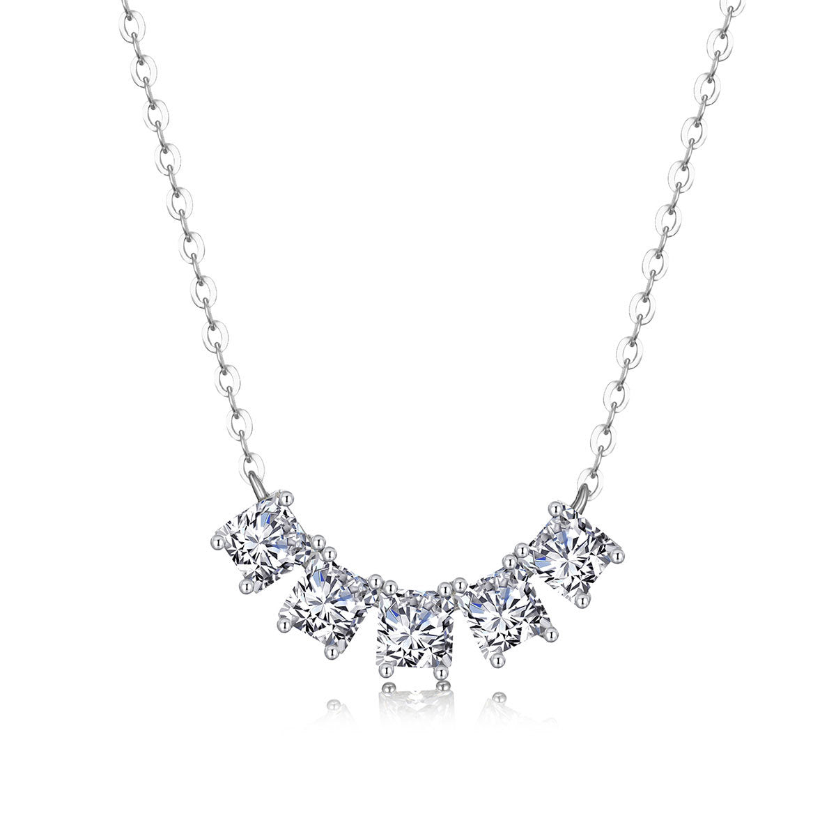 White Moissanite Geometric Five Stone Fan Curve 925 Sterling Silver Necklace
