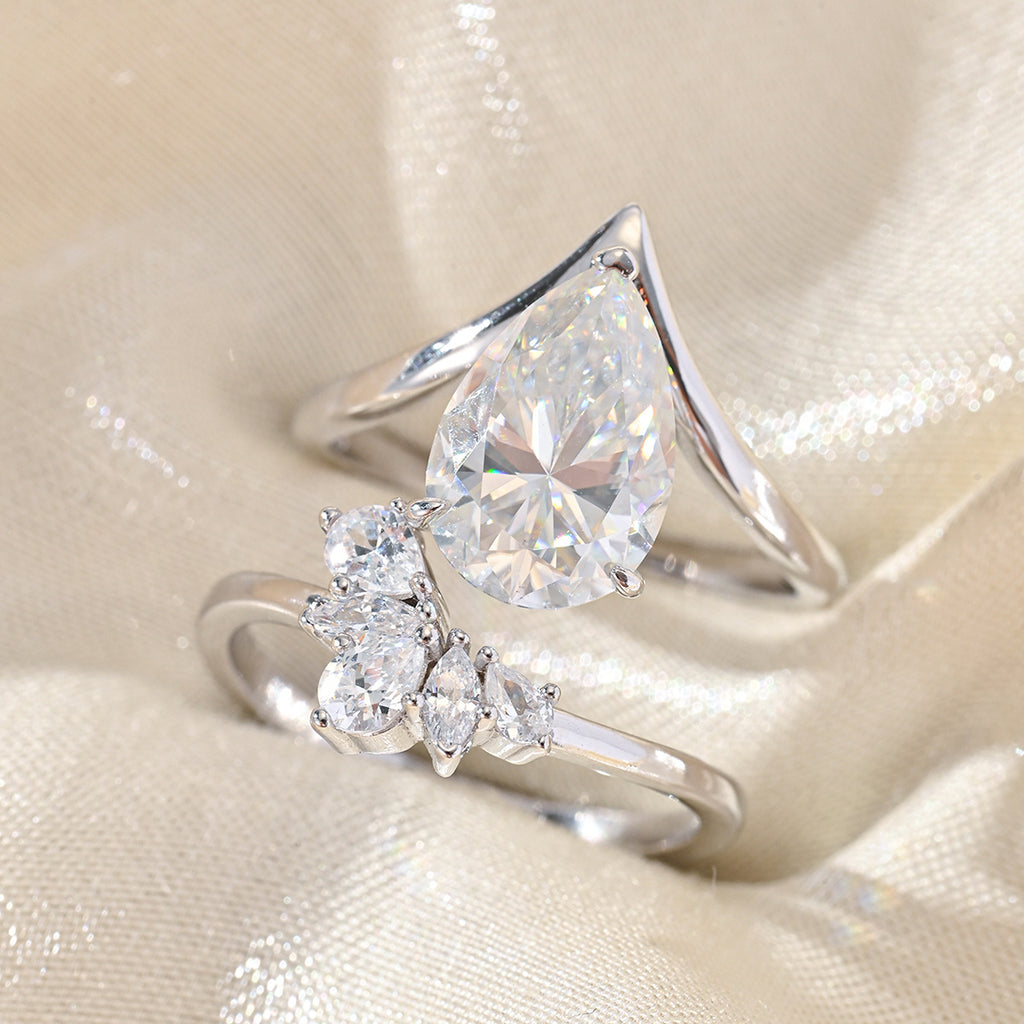 Pear Cut White Moissanite Two Piece Ring Set D Color 925 Sterling Silver Stacked Ring
