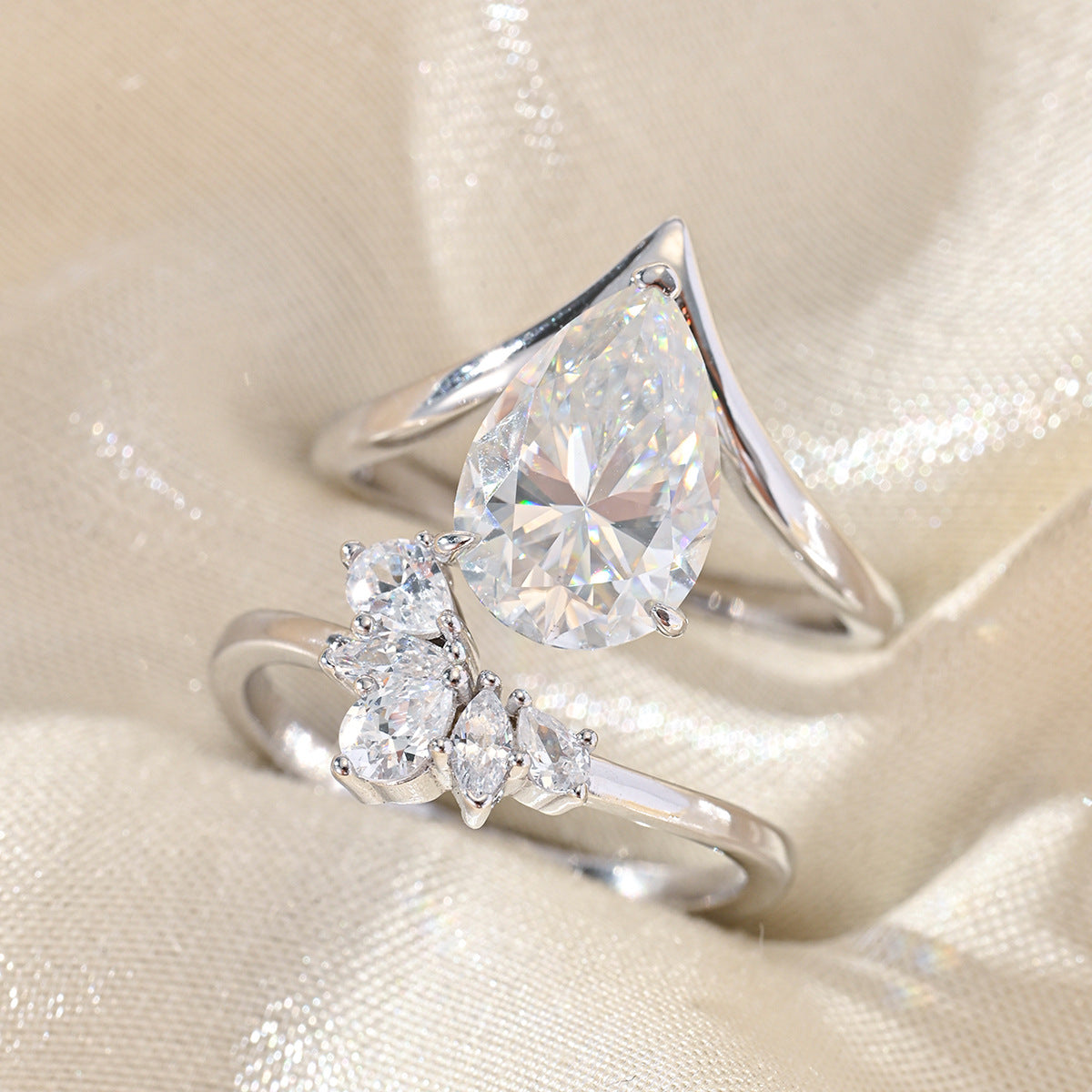 Pear Cut White Moissanite Two Piece Ring Set D Color 925 Sterling Silver Stacked Ring