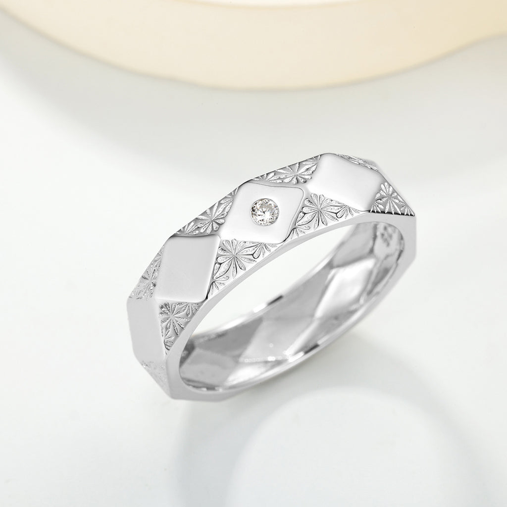 Geometric Faceted Band Moissanite Vintage 925 Sterling Silver Ring