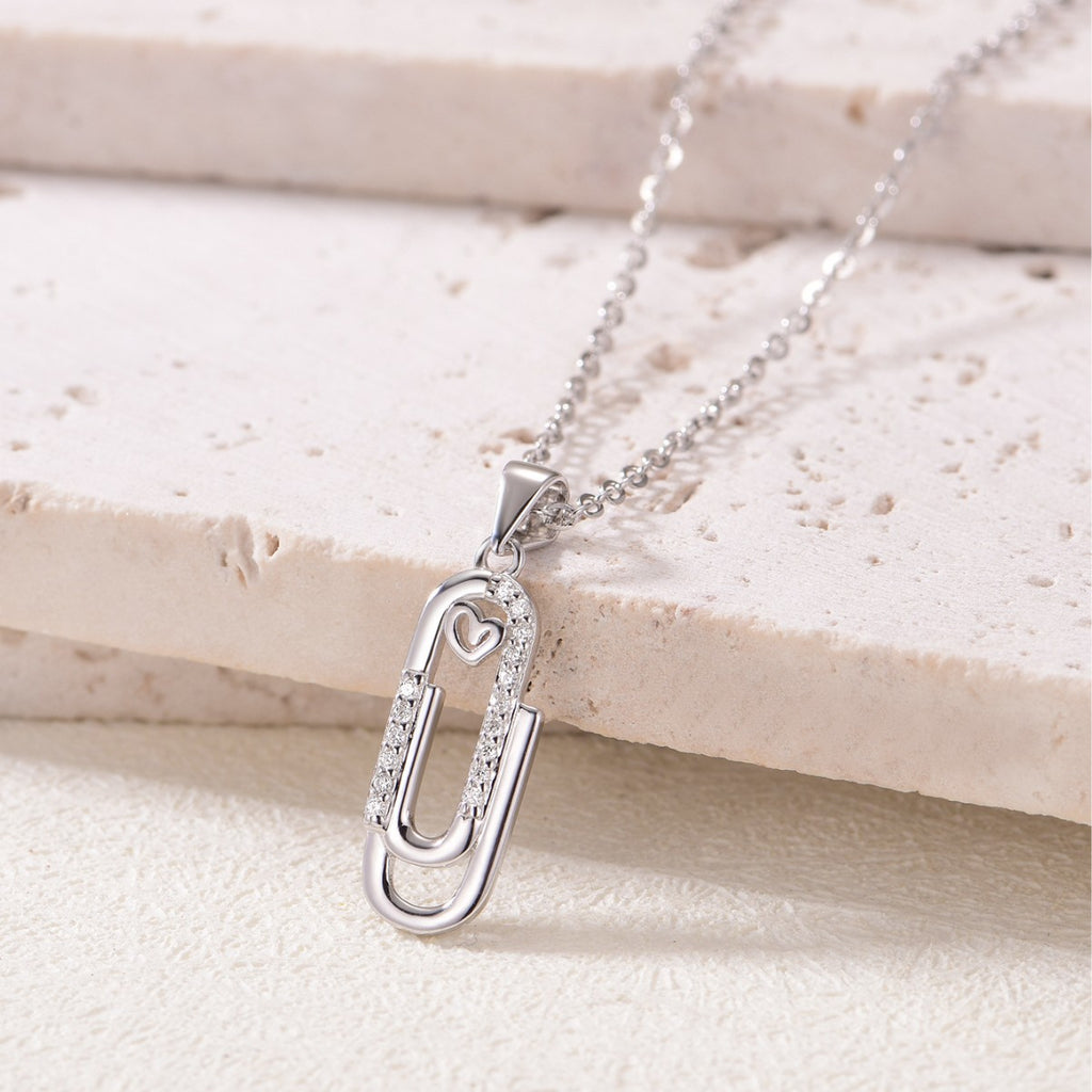 Moissanite Geometric Paperclip Heart Pendant 925 Sterling Silver Fashion Chain Necklace