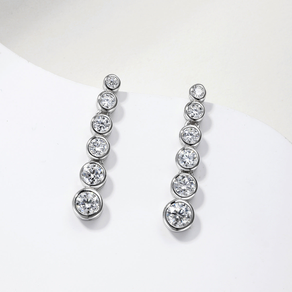 Moissanite Graduated Six Round Bezel Set Drop Earrings White Gold Tone 925 Sterling Silver Geometric Long Dangle Earrings For Women Elegant Fashion Party Wedding Gift Jewelry