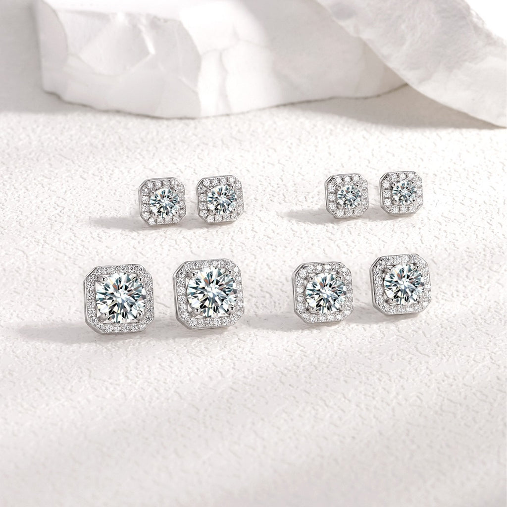 Square Halo Moissanite Stud Earrings  925 Sterling Silver Geometric Ear Stud Earrings