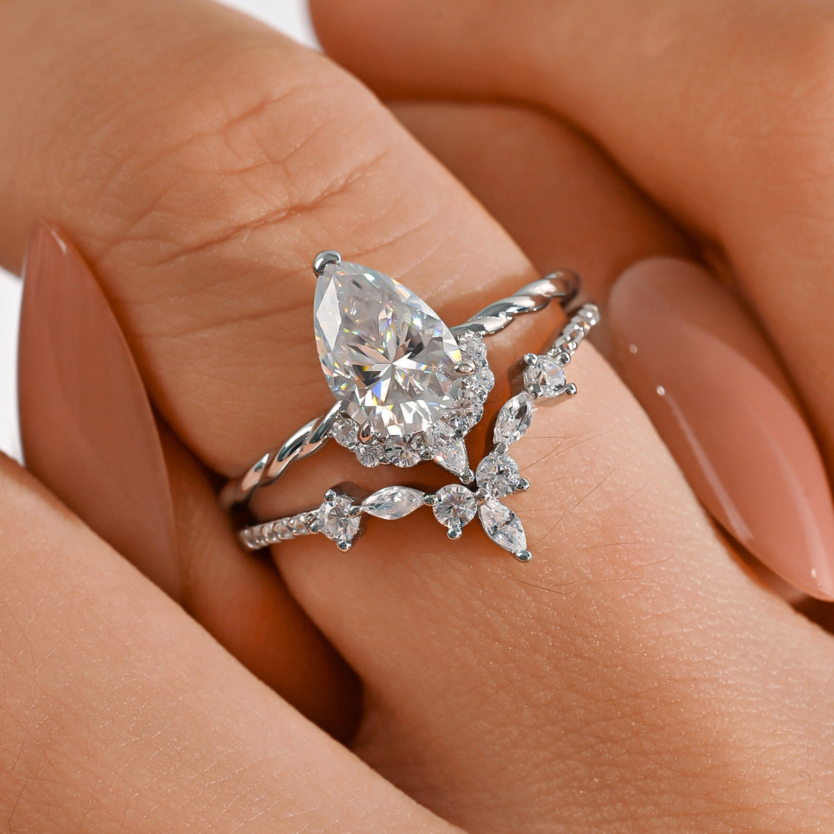 Moissanite Pear Cut Floral Crown Stacked Ring Set Platinum Color S925 Sterling Silver Ring for Women and Men Vintage Elegant Princess Style Wedding Party Anniversary Gift Jewelry