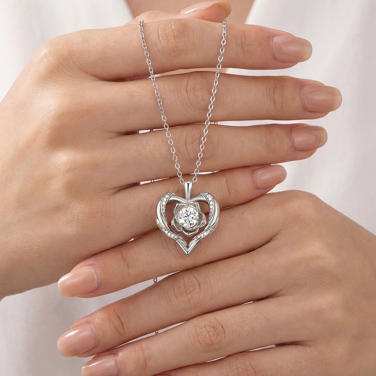 Heart Rose Flower Silver 925 Sterling Silver Moissanite Pendant Necklace