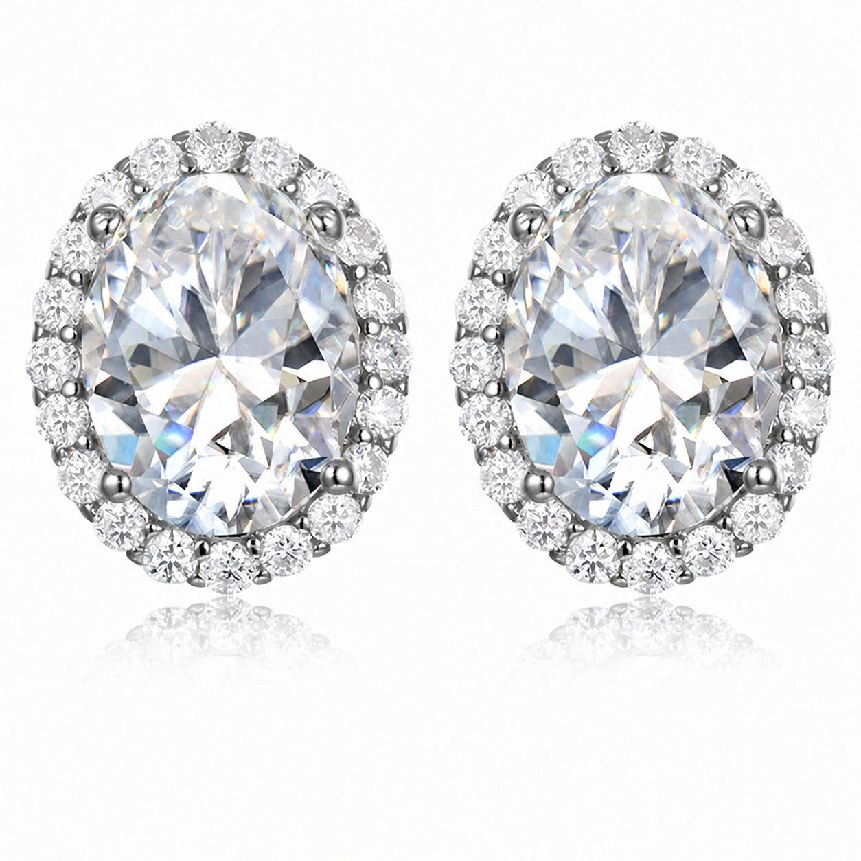 Oval Moissanite  D Color Halo 925 Sterling Silver Stud Earrings