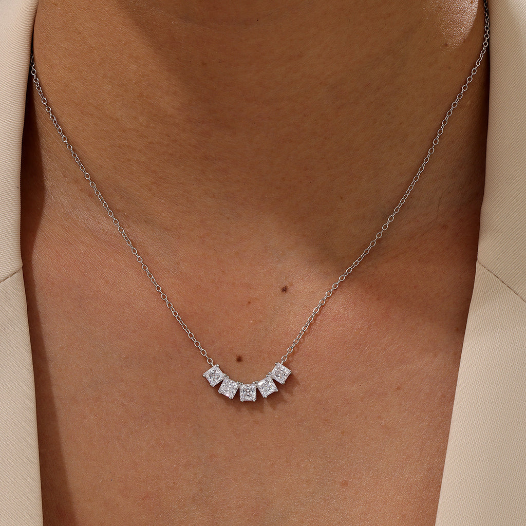 White Moissanite Geometric Five Stone Fan Curve 925 Sterling Silver Necklace