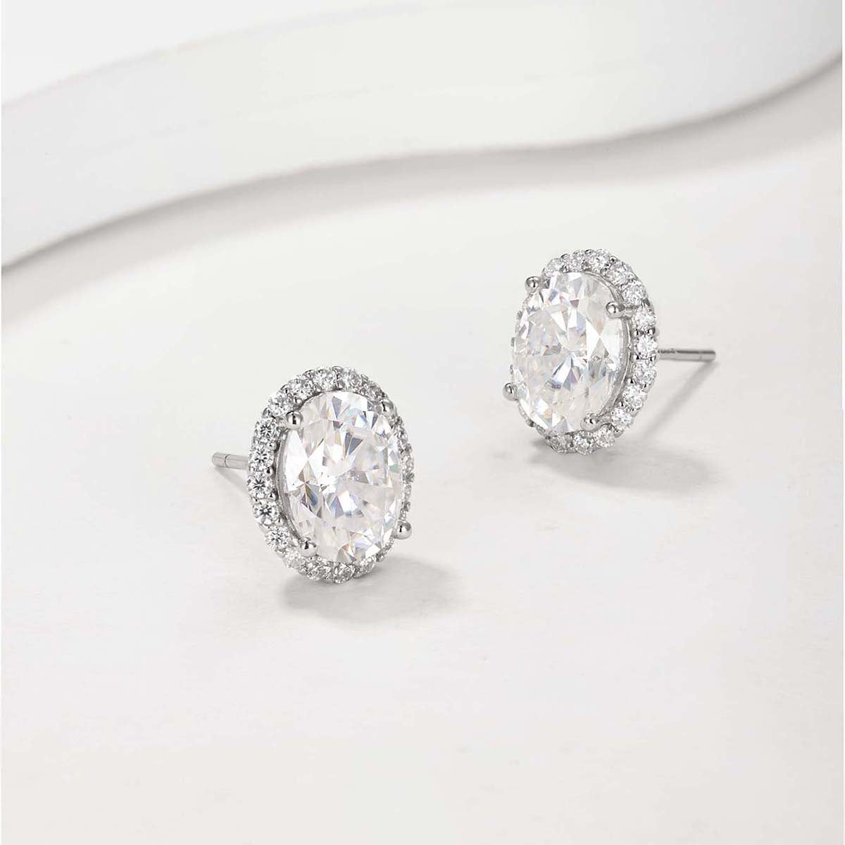 Oval Moissanite  D Color Halo 925 Sterling Silver Stud Earrings